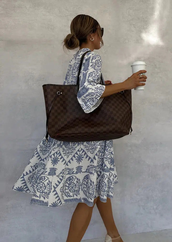 Women's Boho Print Swing Dress with V-Neck and 3/4 Sleeves