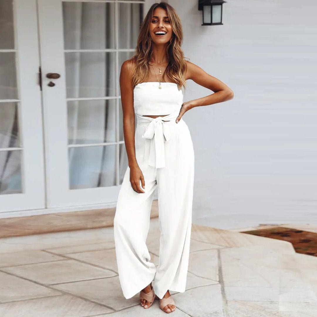Women's Wide Leg Jumpsuit with Strapless Design and Tie Waist
