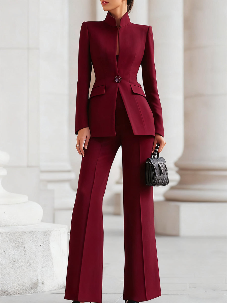 Women's Stand Collar Single-Button Blazer and Flared Pants Set | Two-Piece
