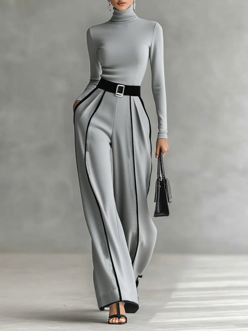 Women's High-Neck Top with Wide-Leg Trousers and Belt