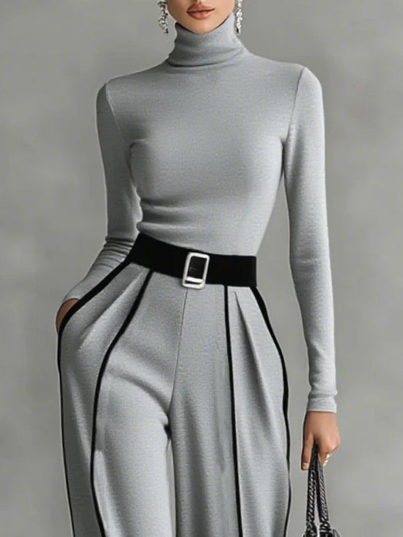 Women's High-Neck Top with Wide-Leg Trousers and Belt