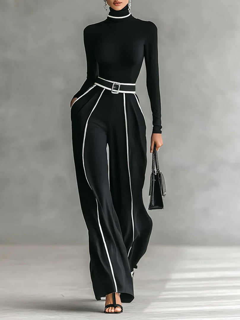 Women's High-Neck Top with Wide-Leg Trousers and Belt