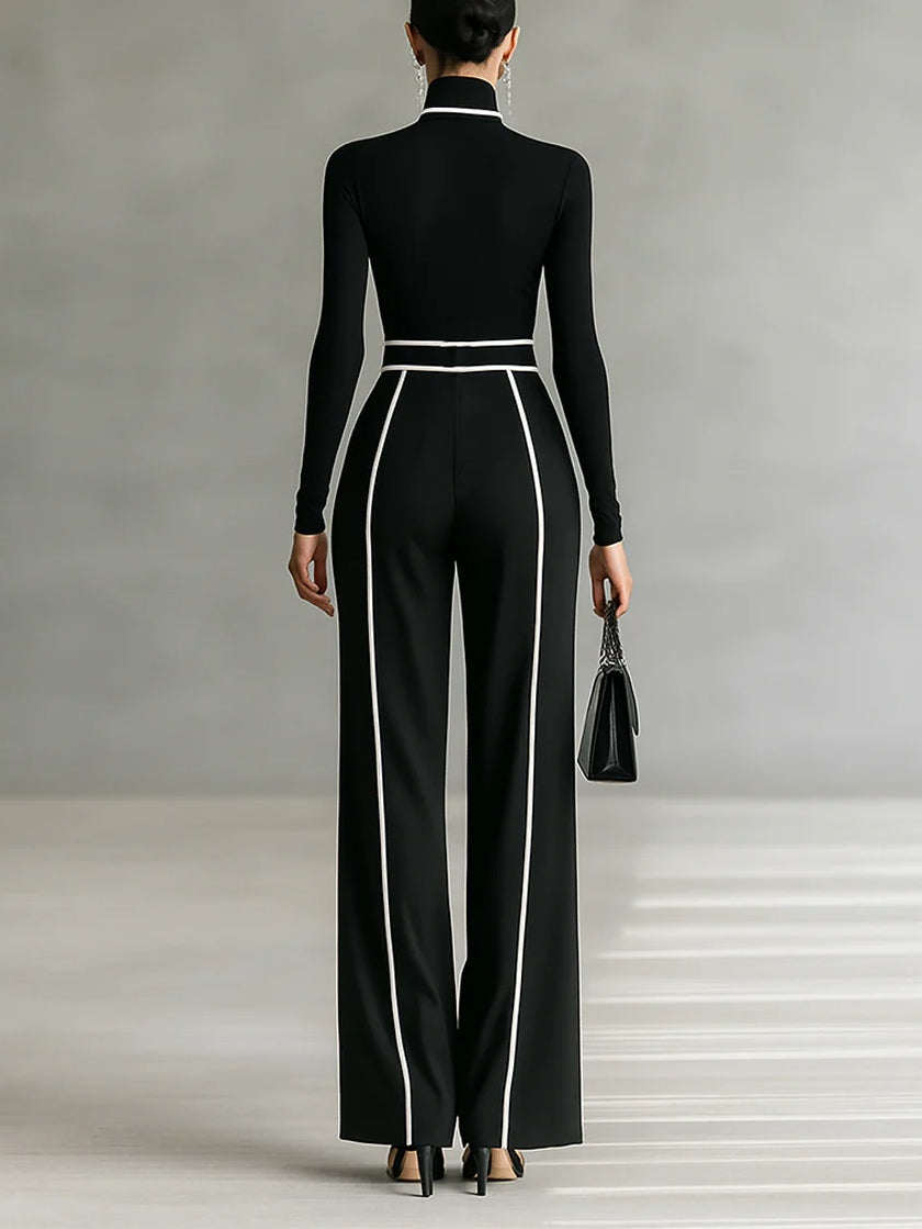 Women's High-Neck Top with Wide-Leg Trousers and Belt