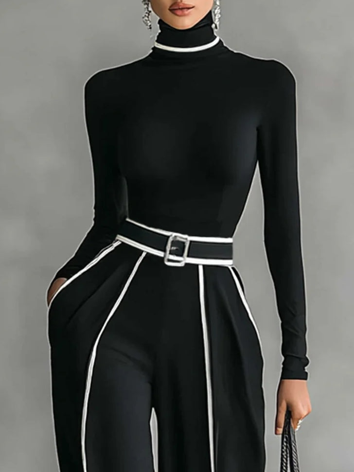 Women's High-Neck Top with Wide-Leg Trousers and Belt