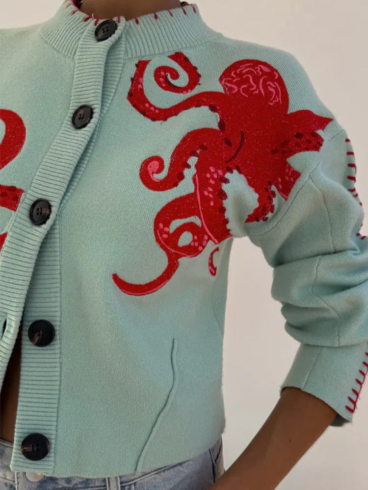 Women's Octopus Pattern Cardigan with Open Front and Long Sleeves