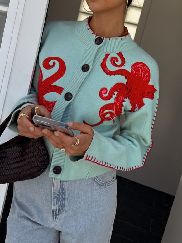 Women's Octopus Pattern Cardigan with Open Front and Long Sleeves