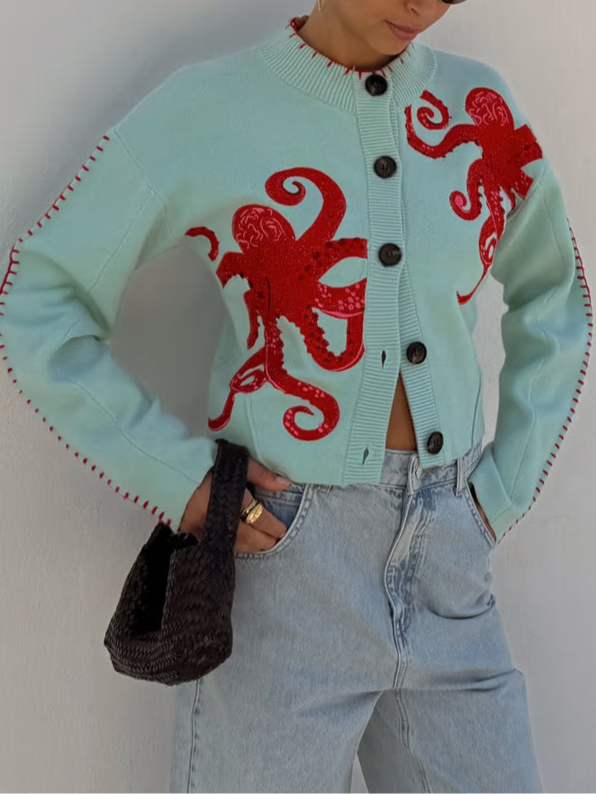 Women's Octopus Pattern Cardigan with Open Front and Long Sleeves