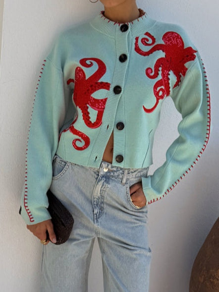 Women's Octopus Pattern Cardigan with Open Front and Long Sleeves
