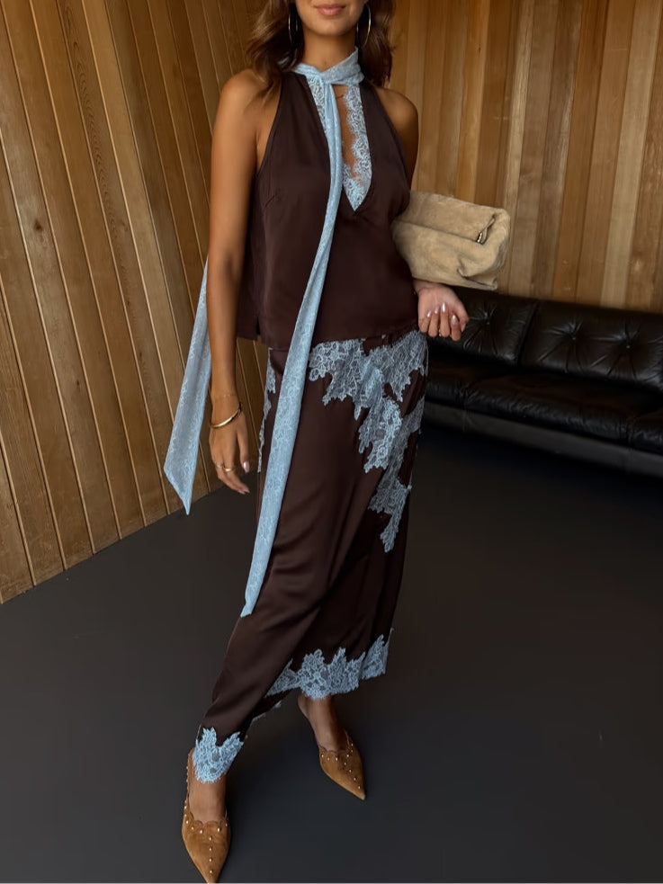Women's Lace Panel Top and Skirt Set with Stylish Design and Versatile Fit