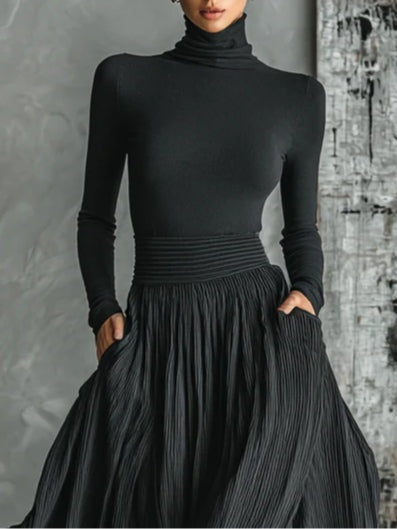 Women's Turtleneck and Pleated Skirt Set with Versatile Style and Easy Care