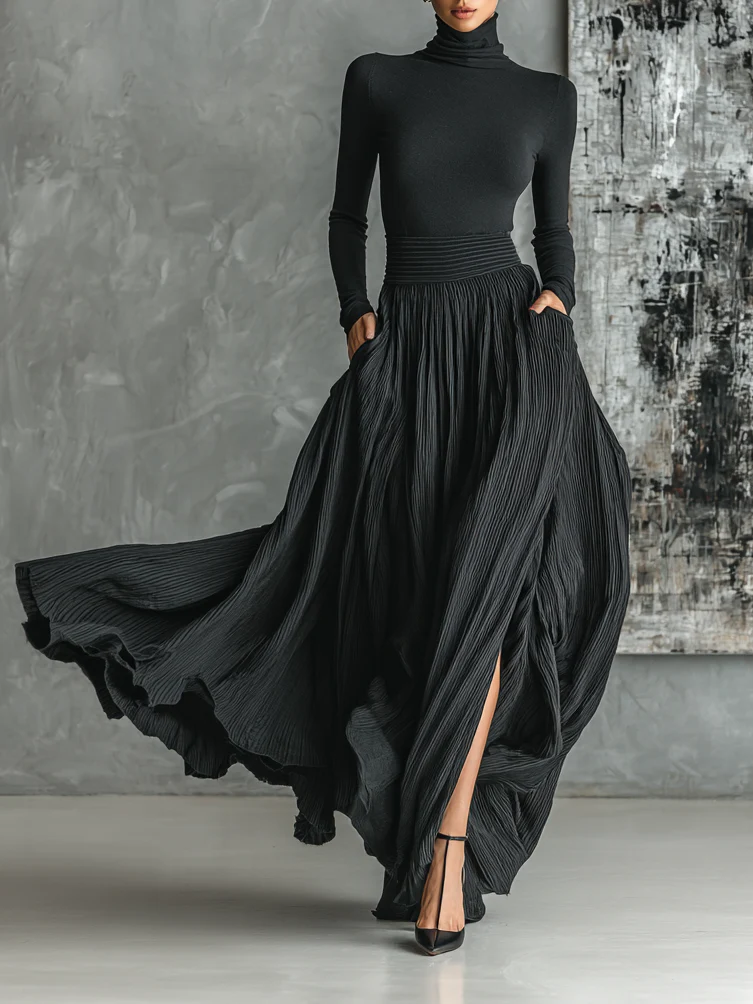 Women's Turtleneck and Pleated Skirt Set with Versatile Style and Easy Care
