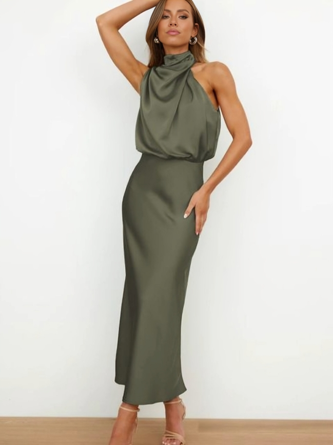 Women's Halter Evening Dress with Open Back and Floor-Length Design