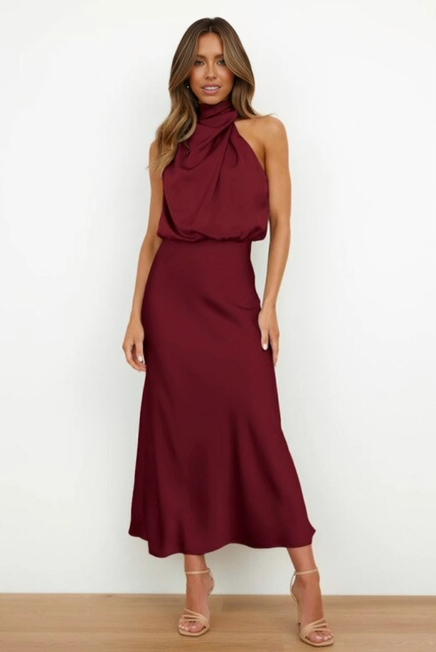 Women's Halter Evening Dress with Open Back and Floor-Length Design