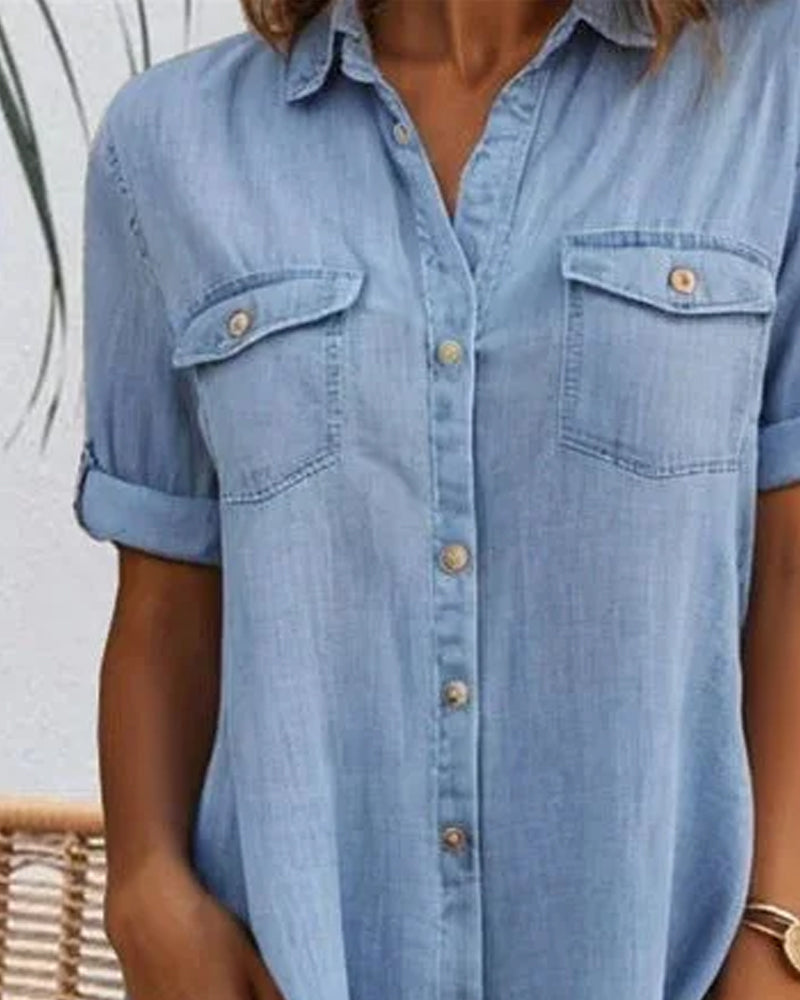 Women's Denim-Style Dress with Short Sleeves and Relaxed Fit