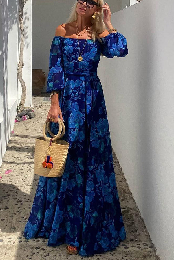 Women's Off-Shoulder Maxi Dress with Floral Design and Evening Style