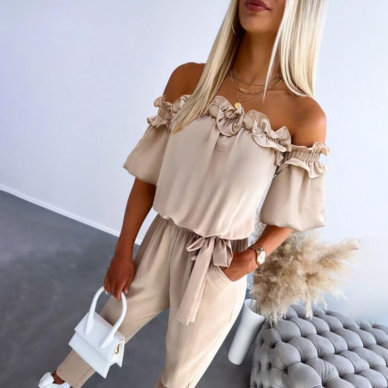 Women's Off-Shoulder Jumpsuit with Frill Detail and Tie Waist