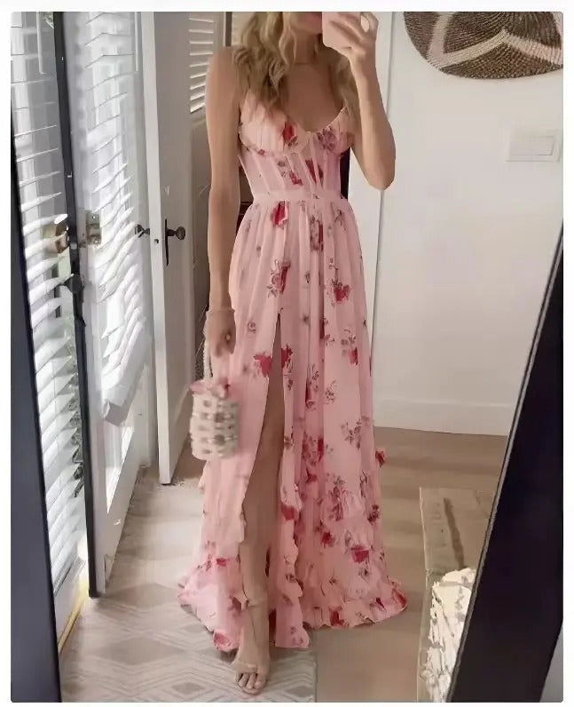 Women's Floral Dress with Short Sleeves and A-Line Skirt