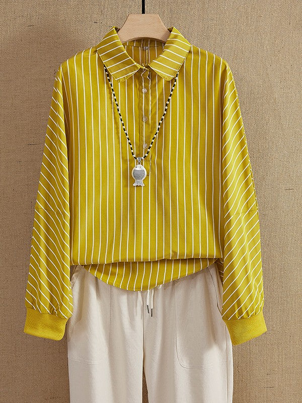 Women’s Long-Sleeve Blouse | Striped Design with Half Buttons