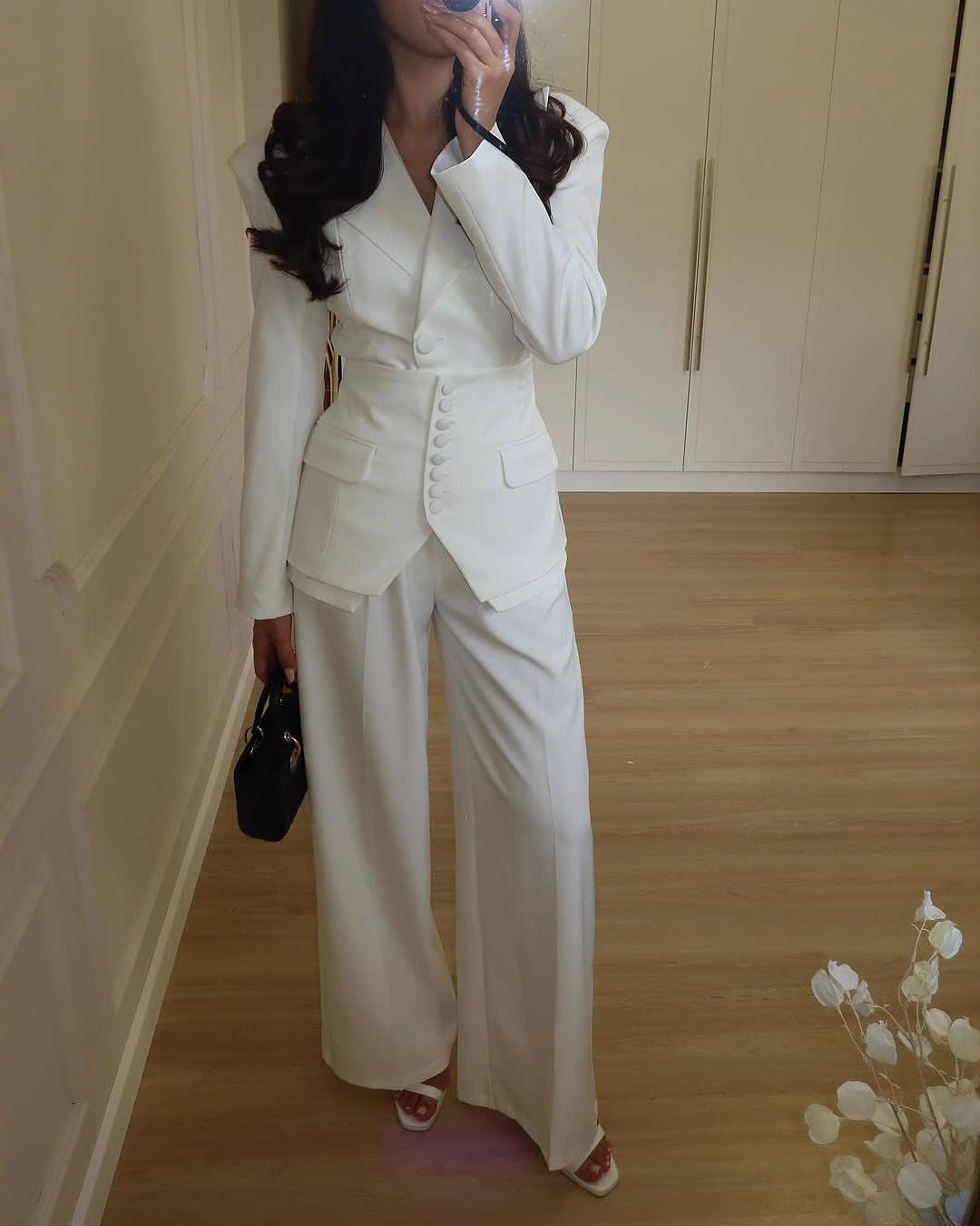 Women's Peak Lapel Multi-Button Blazer and Wide-Leg Pants Set | Two-Piece