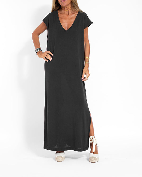 Women's V-Neck Short Sleeve Maxi Dress with Side Slit and Flowing Design