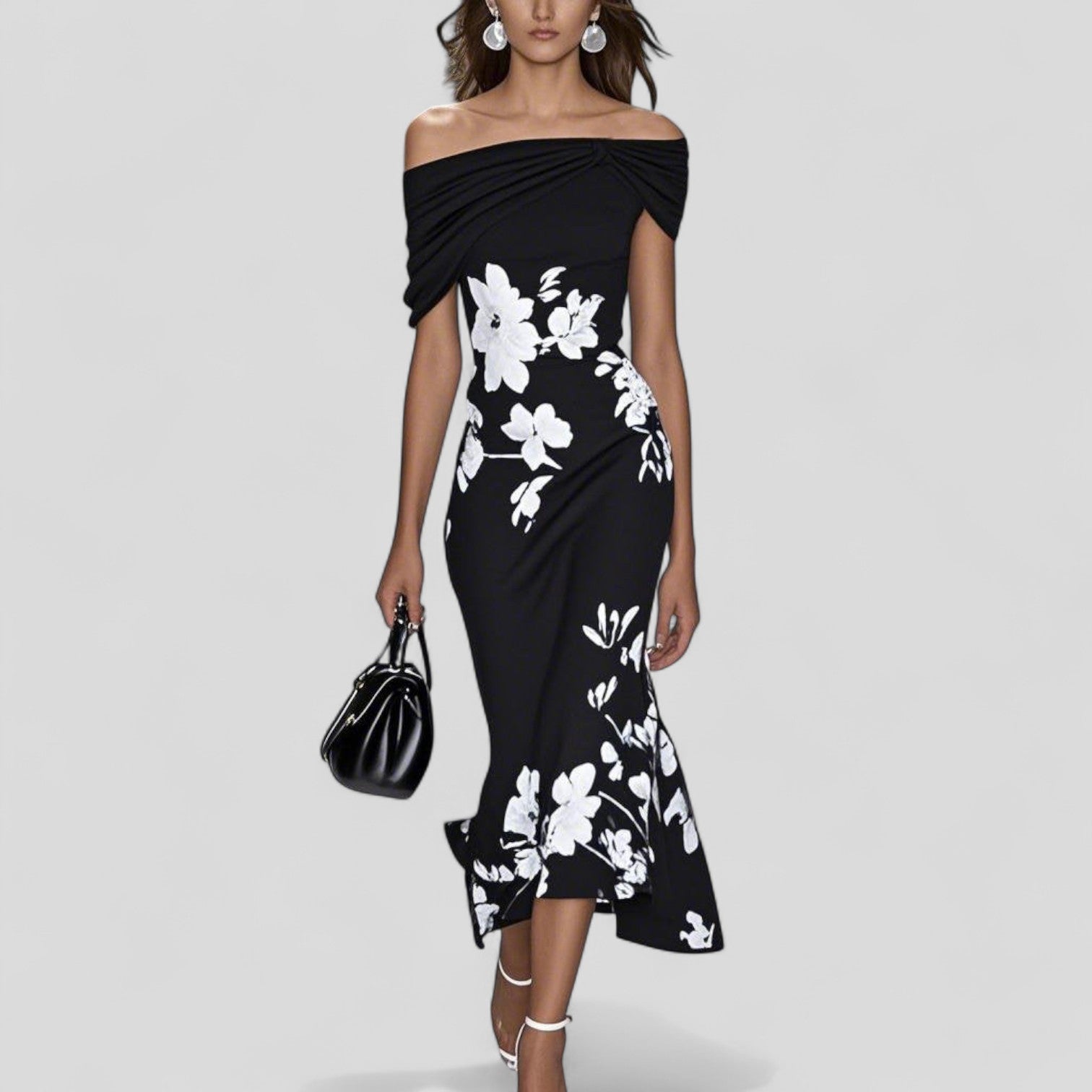 Women's Off-Shoulder Midi Dress with Ruffle Hem and Floral Print