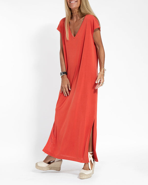 Women's V-Neck Short Sleeve Maxi Dress with Side Slit and Flowing Design