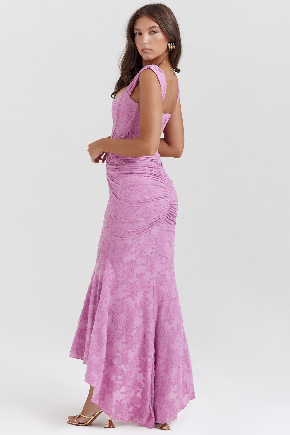 Women's Evening Dress with Lace Detail and Ruched Design