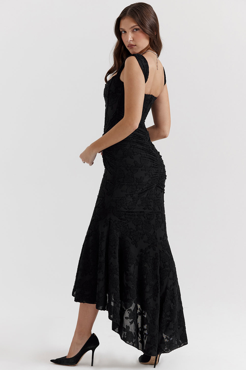 Women's Evening Dress with Lace Detail and Ruched Design
