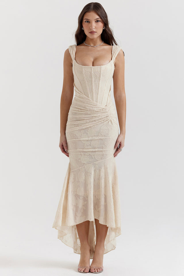 Women's Evening Dress with Lace Detail and Ruched Design