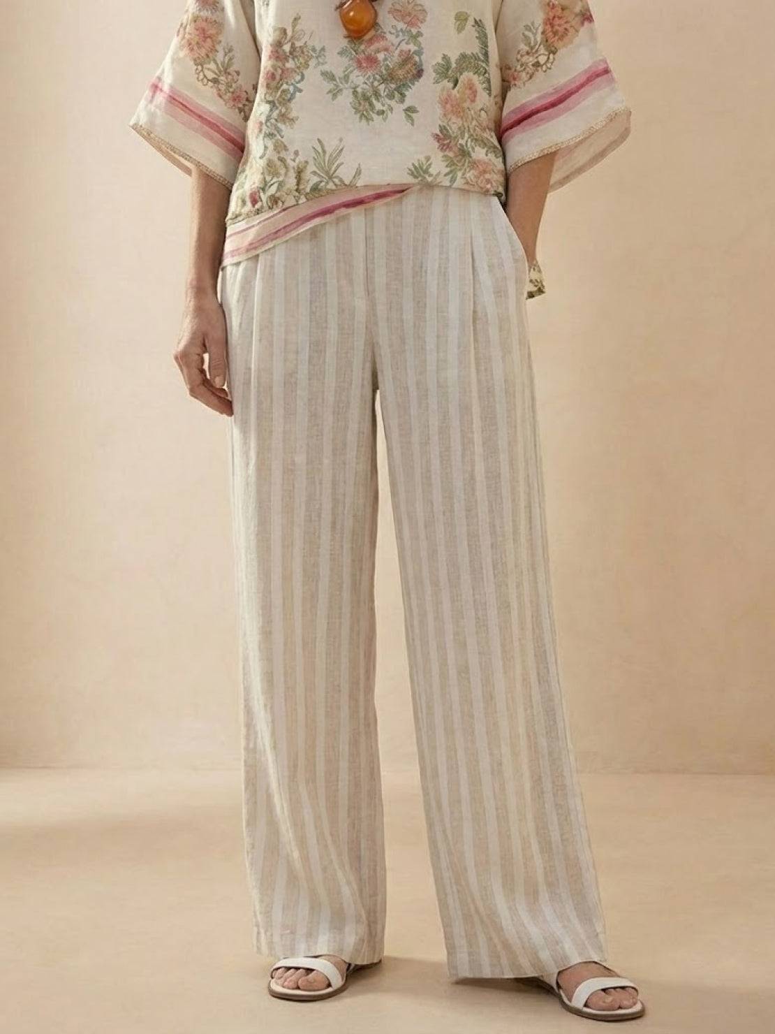 Women's Striped Two-Piece Set with Wide-Leg Trousers and Tee