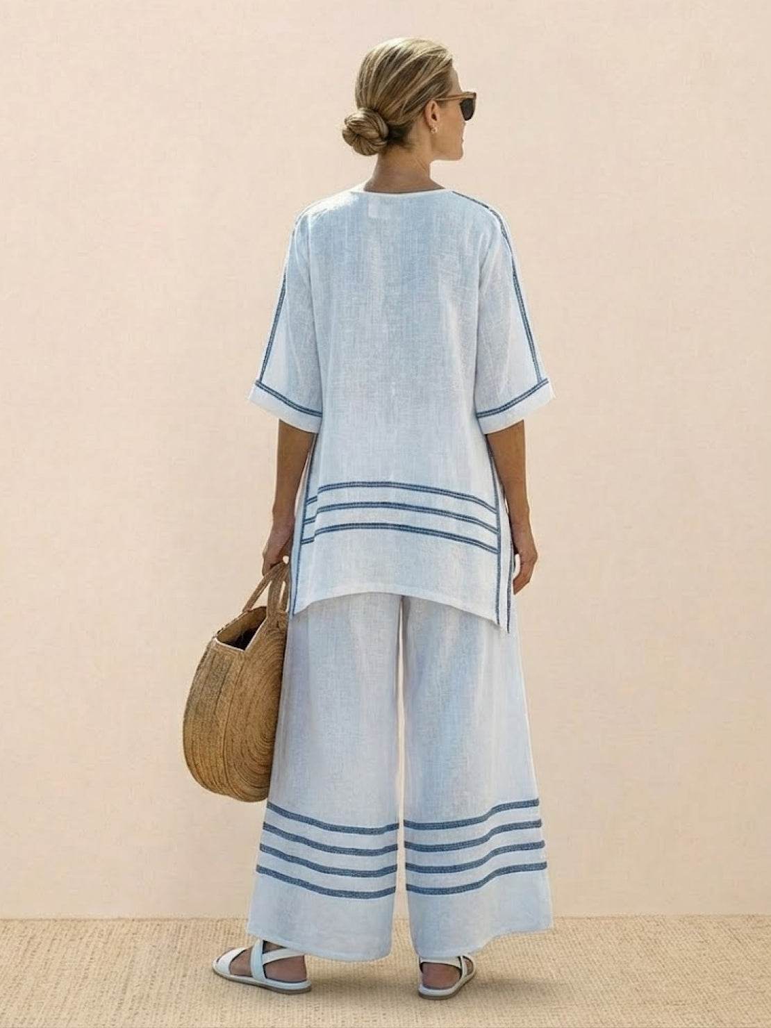 Women's Striped Two-Piece Set with Wide-Leg Trousers and Tee