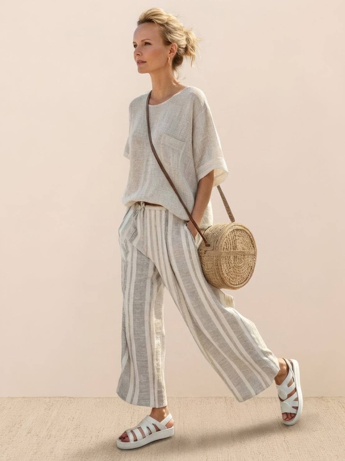 Women's Striped Two-Piece Set with Wide-Leg Trousers and Tee