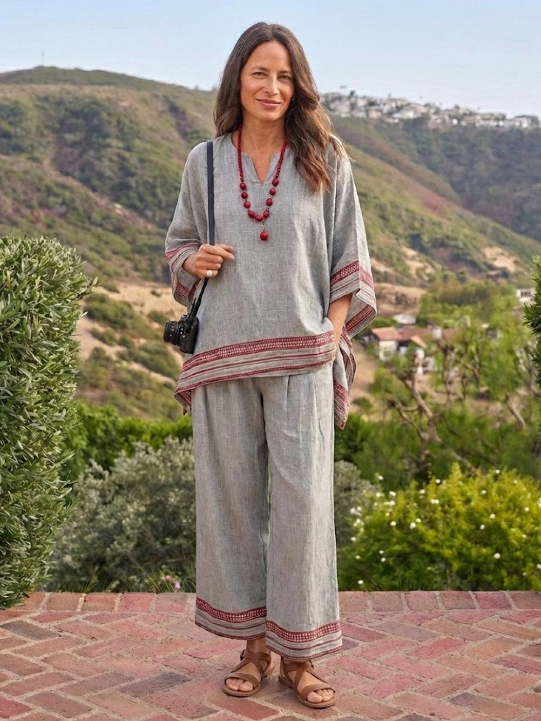 Women's Striped Two-Piece Set with Wide-Leg Trousers and Tee