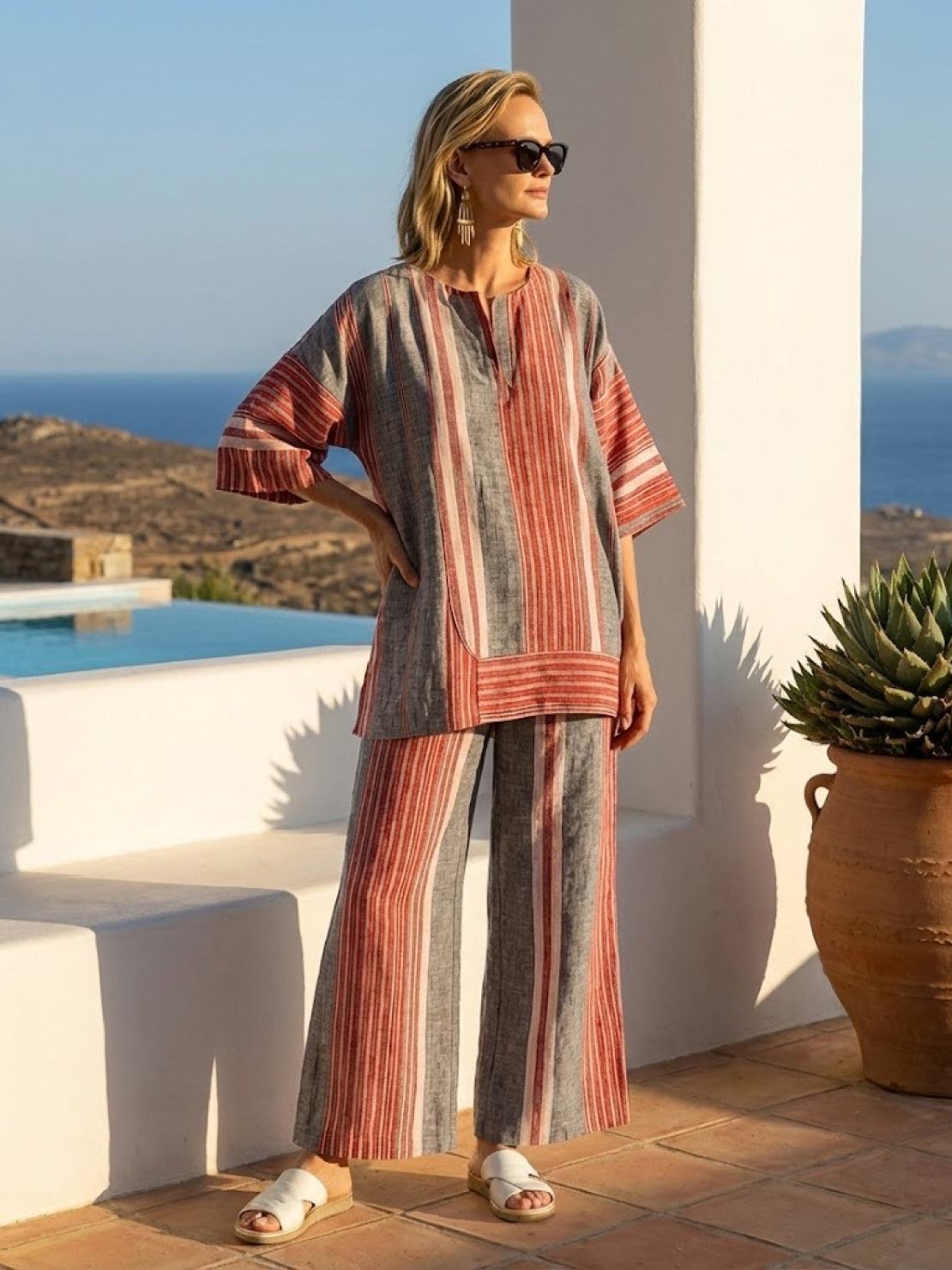 Women's Striped Two-Piece Set with Wide-Leg Trousers and Tee