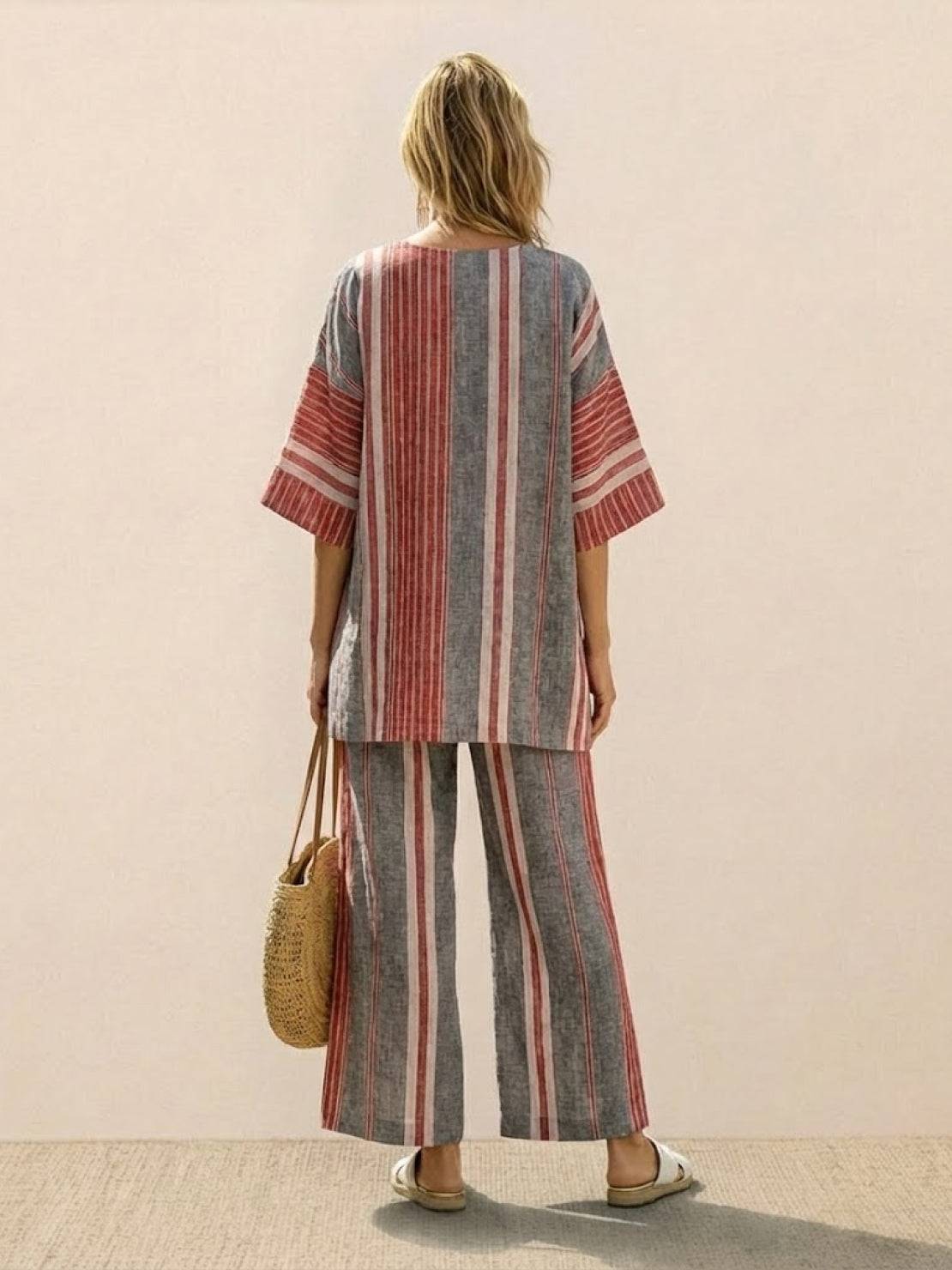 Women's Striped Two-Piece Set with Wide-Leg Trousers and Tee