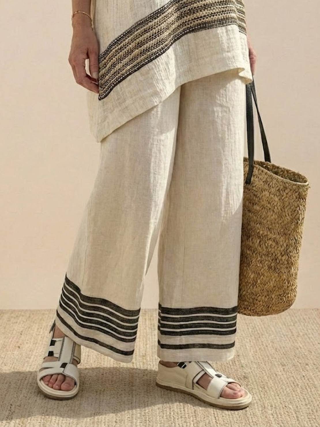 Women's Striped Two-Piece Set with Wide-Leg Trousers and Tee
