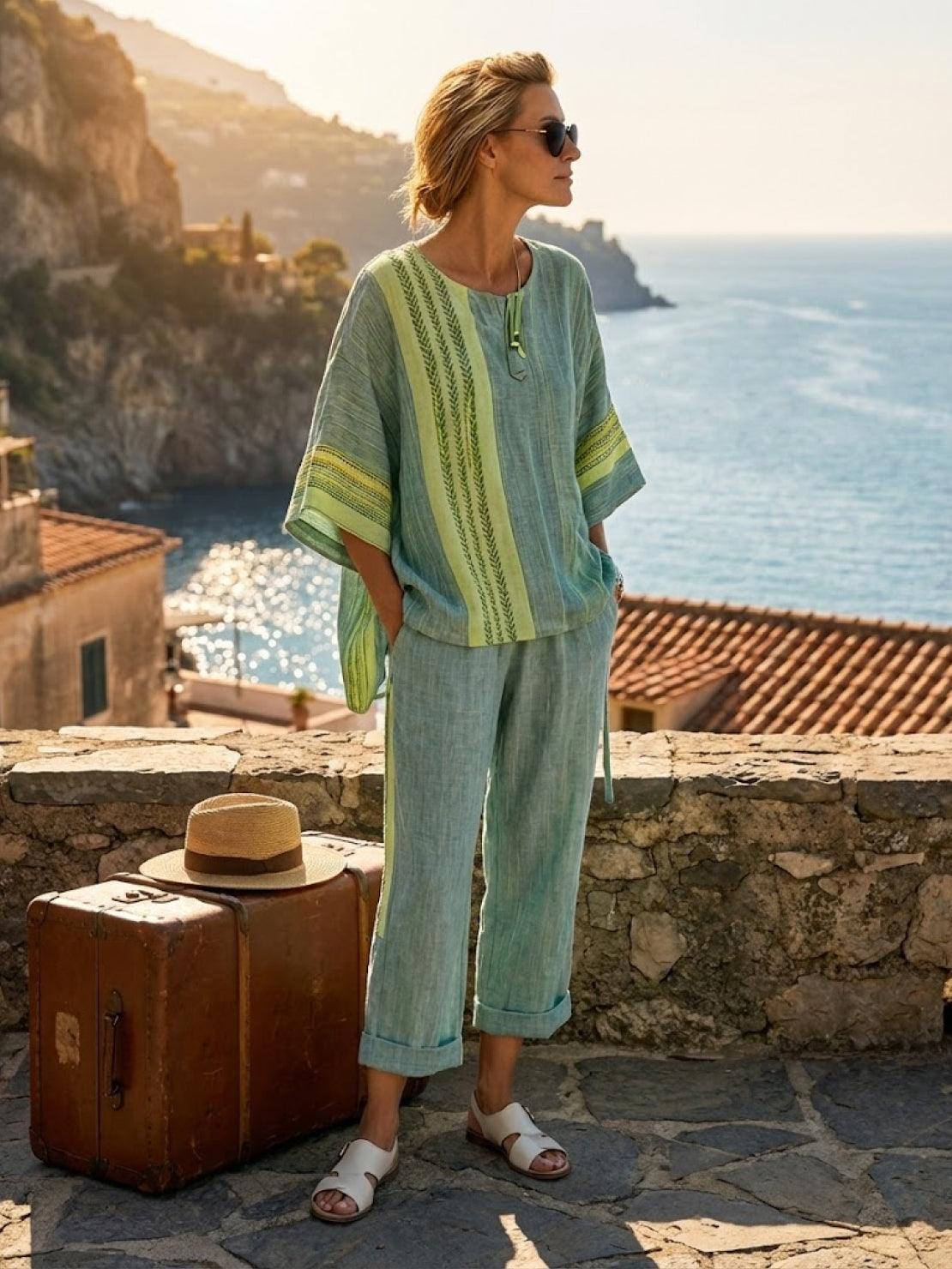 Women's Striped Two-Piece Set with Wide-Leg Trousers and Tee