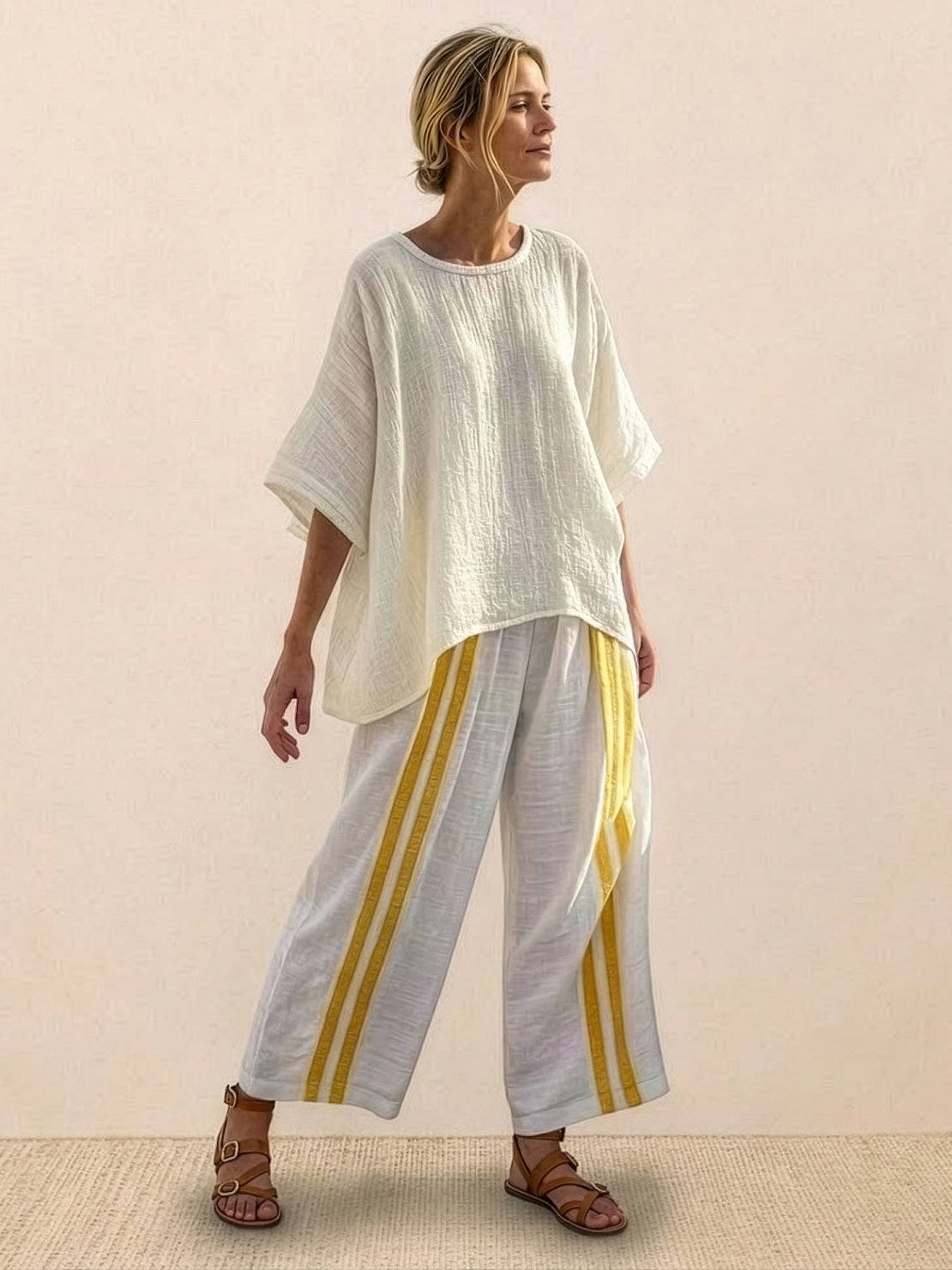 Women's Striped Two-Piece Set with Wide-Leg Trousers and Tee