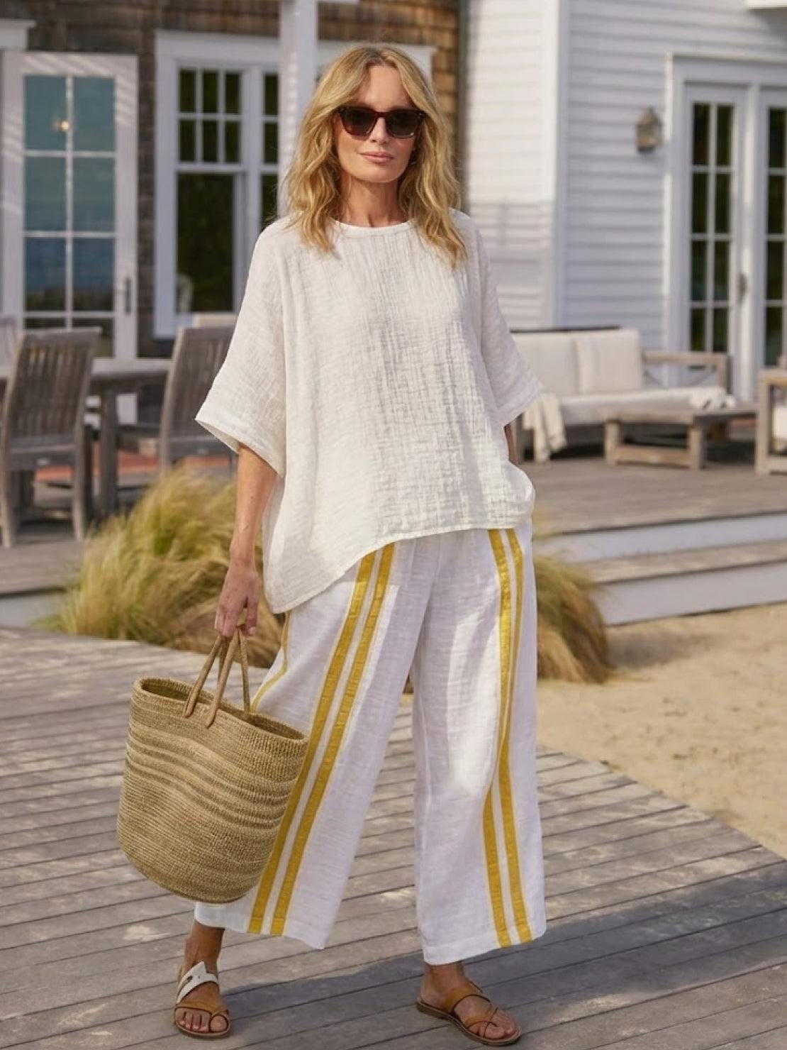 Women's Striped Two-Piece Set with Wide-Leg Trousers and Tee
