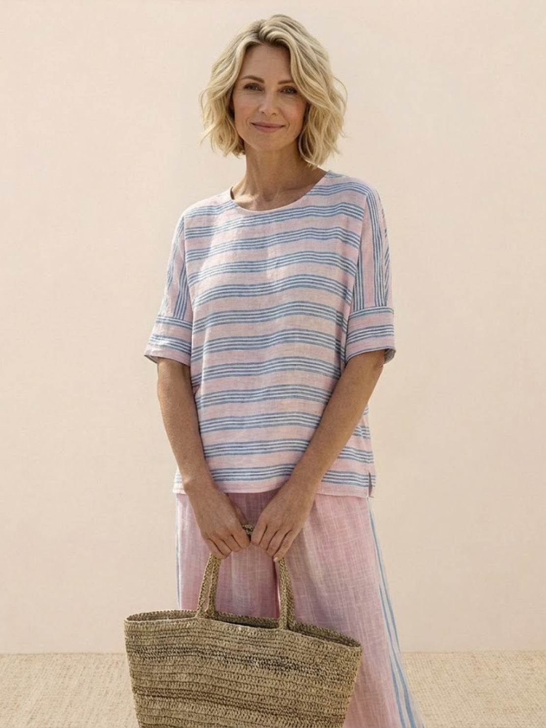 Women's Striped Two-Piece Set with Wide-Leg Trousers and Tee