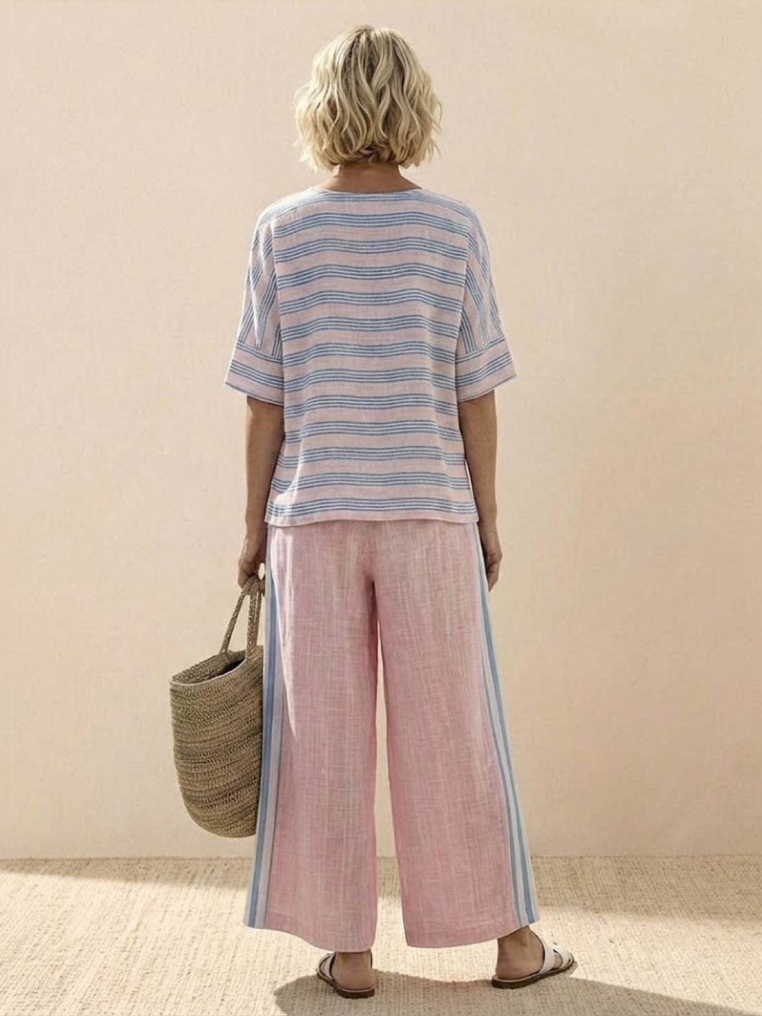 Women's Striped Two-Piece Set with Wide-Leg Trousers and Tee