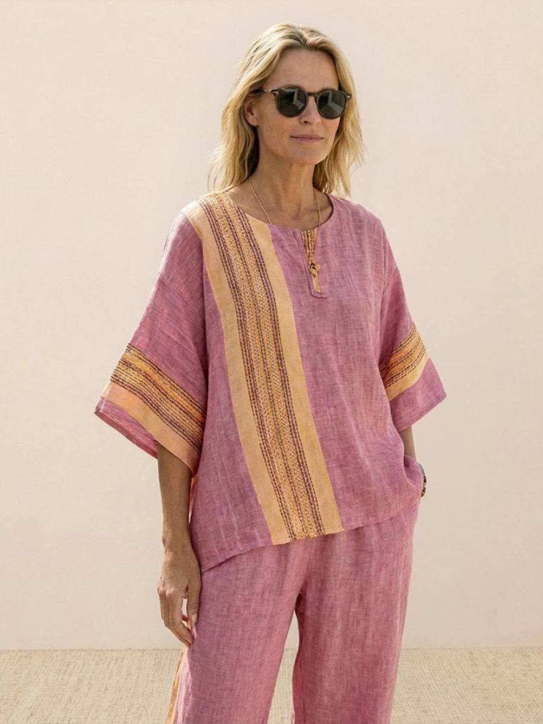 Women's Striped Two-Piece Set with Wide-Leg Trousers and Tee