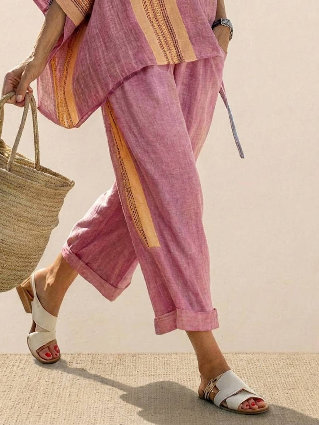 Women's Striped Two-Piece Set with Wide-Leg Trousers and Tee