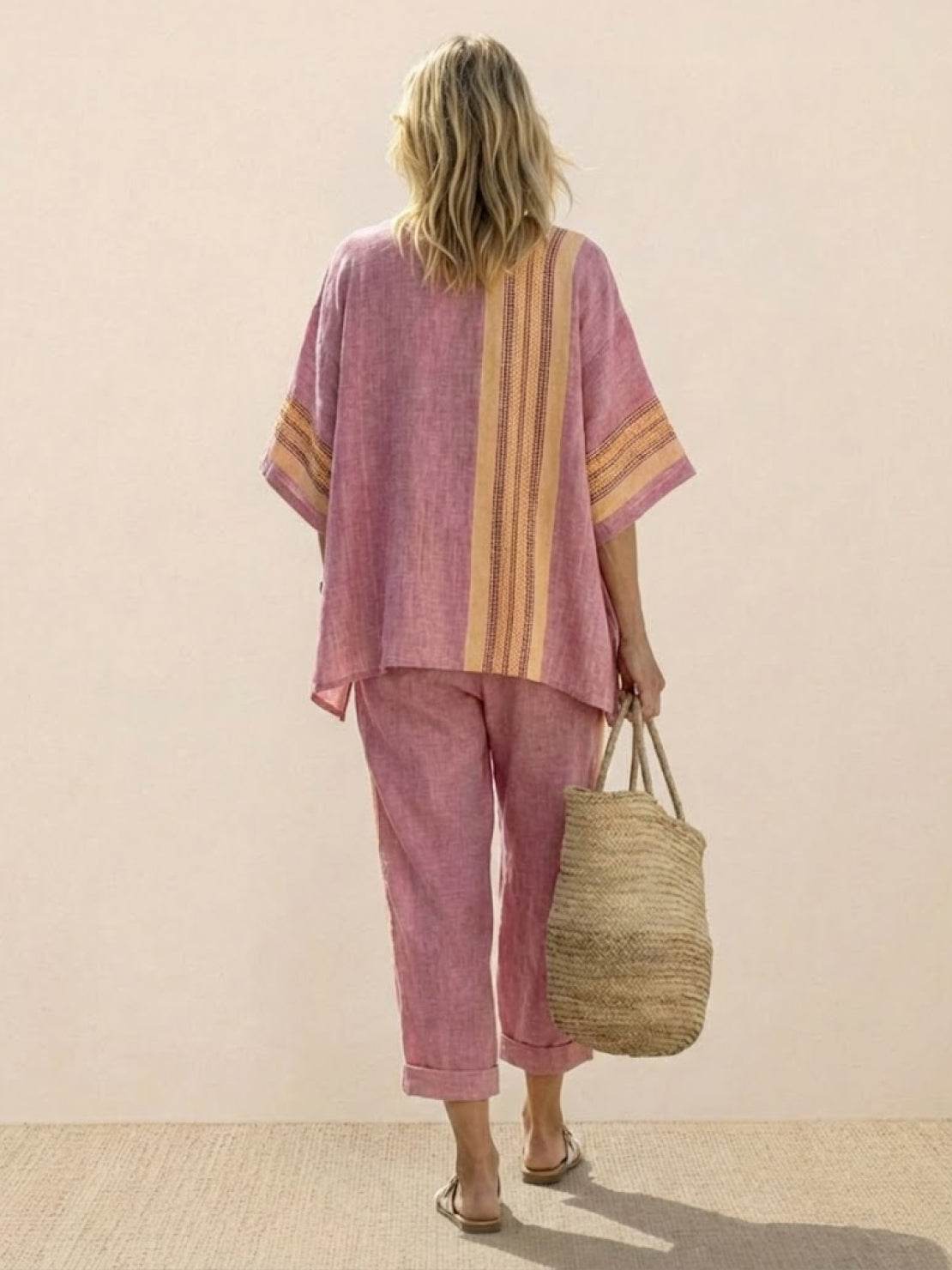 Women's Striped Two-Piece Set with Wide-Leg Trousers and Tee