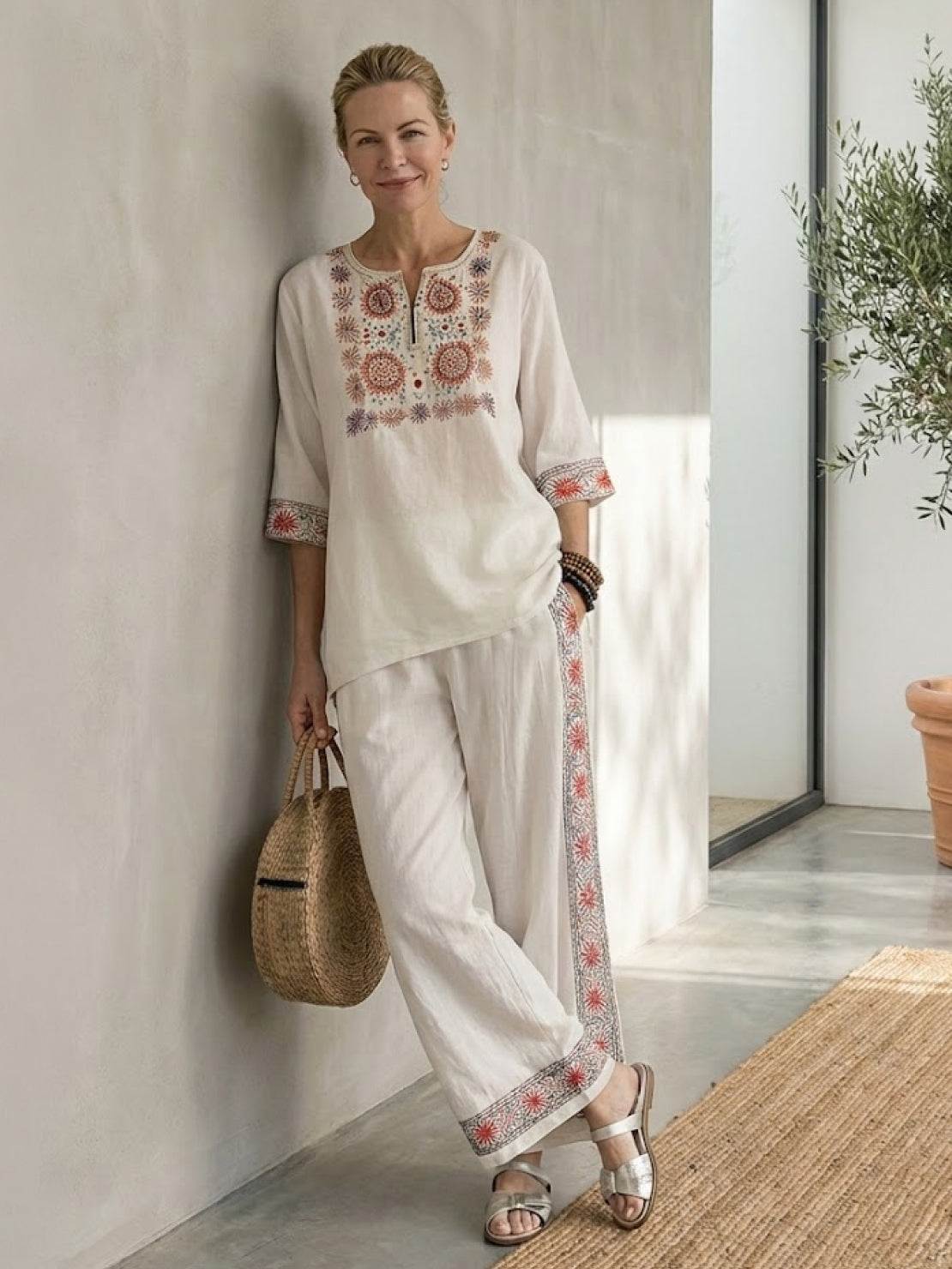 Women's Striped Two-Piece Set with Wide-Leg Trousers and Tee