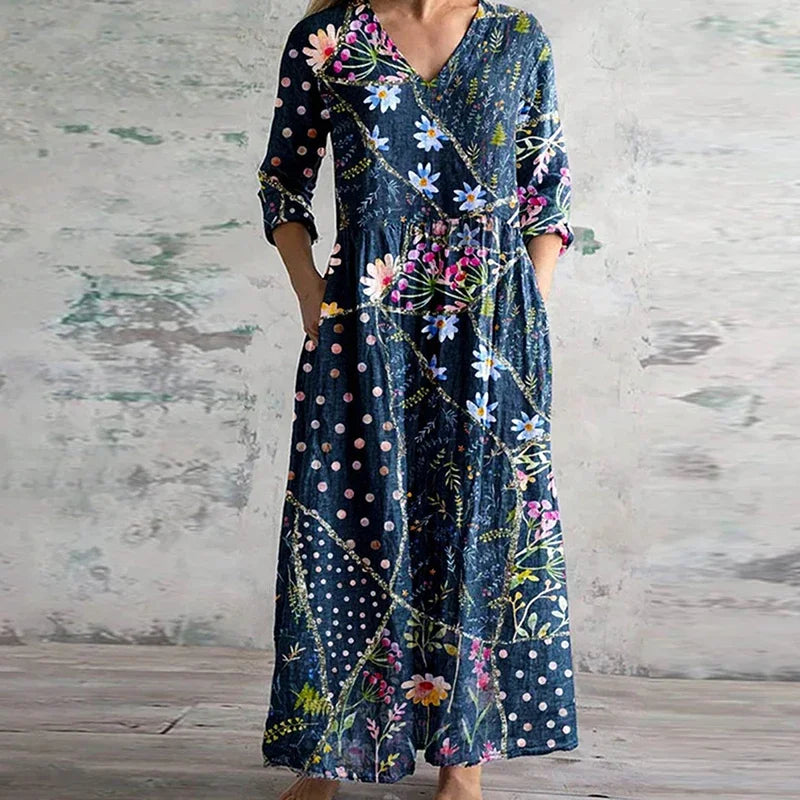 Women's Retro Maxi Dress with Flowing Design and Versatile Style