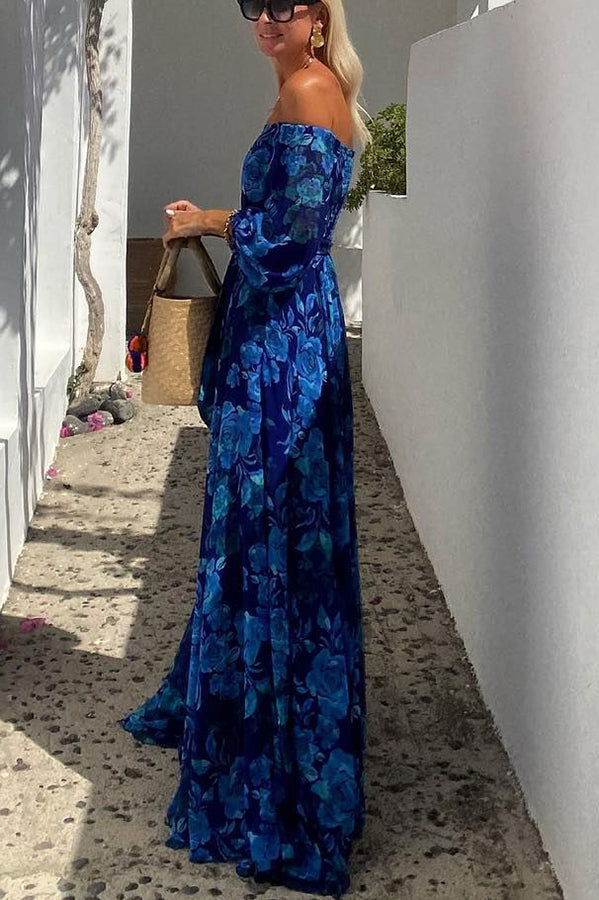 Women's Off Shoulder Maxi Dress with Floral Print and Flowing Design