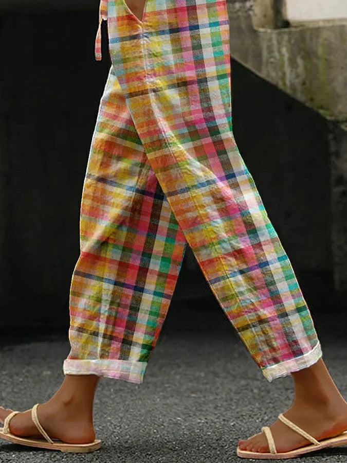 Women's Checkered Trousers with Relaxed Fit and Adjustable Waist