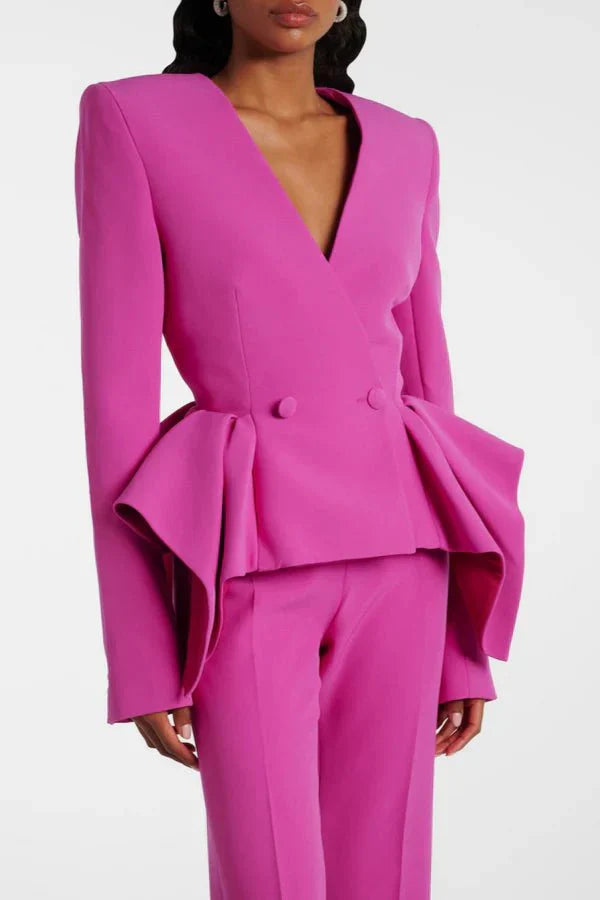 Women's Double-Breasted V-Neck Blazer and Wide-Leg Pants Dressy Set | Two-Piece