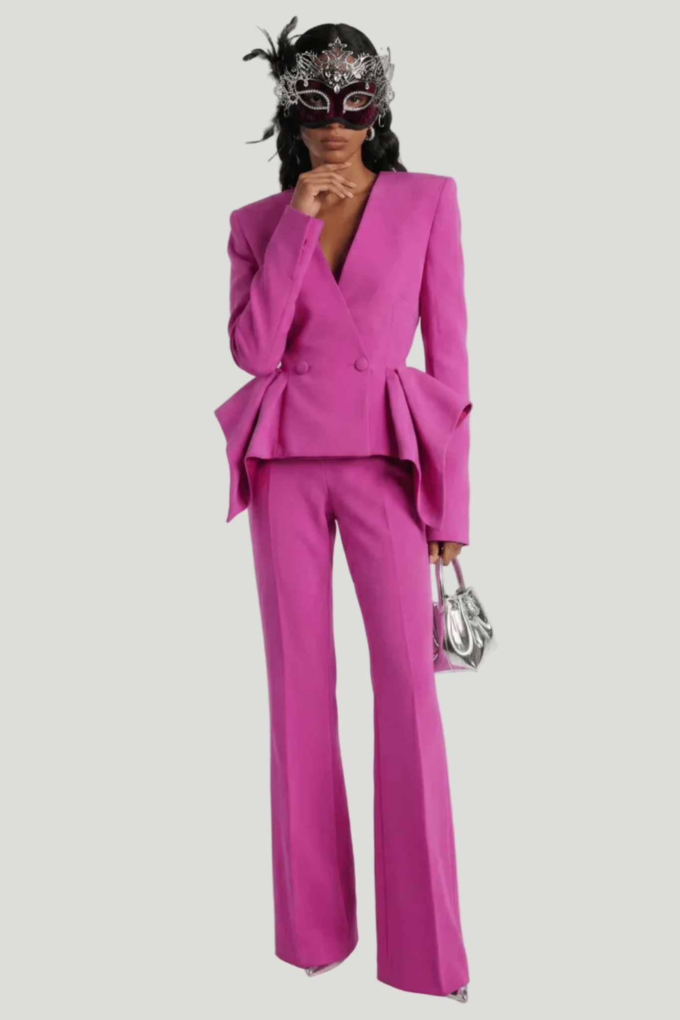 Women's Double-Breasted V-Neck Blazer and Wide-Leg Pants Dressy Set | Two-Piece